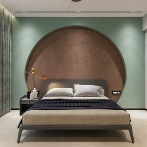 دکوراسیون سبز و قهوه ای اتاق خواب مدرن با دیوار تاکیدی سبز و قهوه ای