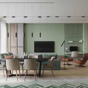 دکوراسیون سبز و قهوه ای هال و نشیمن مدرن بزرگ