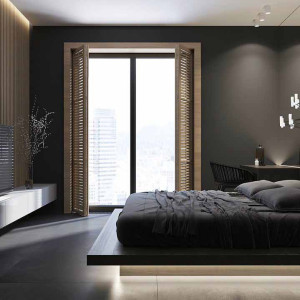 دکوراسیون مشکی اتاق خواب مدرن با دیوار تلویزیون چوبی