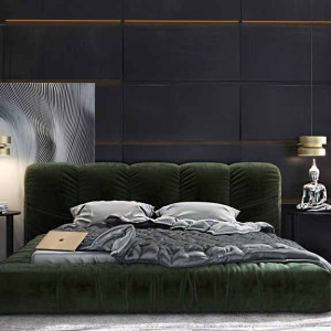 دکوراسیون مشکی اتاق خواب مدرن با دیوار مشکی و تخت پارچه ای سبز