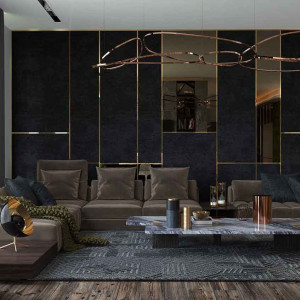 دکوراسیون مشکی طلایی هال و پذیرایی مدرن با مبل های قهوه ای و فرش طوسی