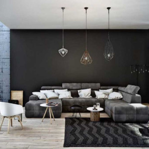 دکوراسیون مشکی هال و پذیرایی مدرن با دیوار تاکیدی مشکی و مبل طوسی