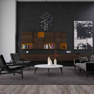 دکوراسیون مشکی هال و پذیرایی مدرن با اکسسوری های چوبی قهوه ای