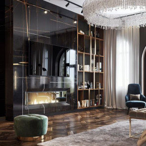 دکوراسیون مشکی و طلایی نشیمن مدرن با کفپوش چوبی