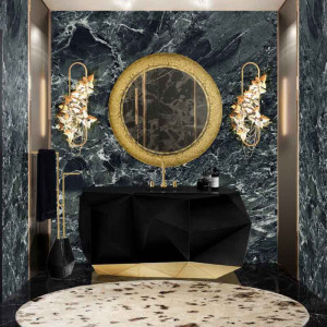 دکوراسیون مشکی طلایی سرویس بهداشتی با روشویی مشکی طلایی لوکس