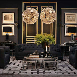 دکوراسیون مشکی طلایی هال و پذیرایی نئوکلاسیک لوکس
